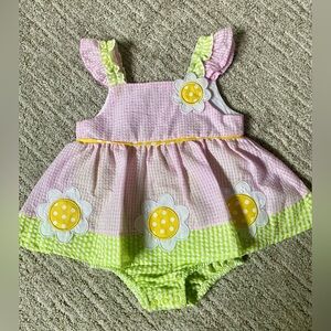 Blueberi Boulevard Pink Seersucker Romper with Yellow Daisy Appliques